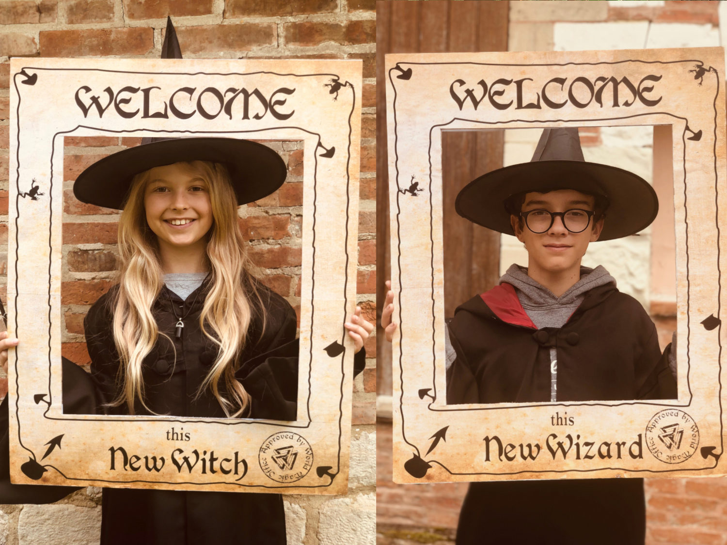 Boy and girl dressed as wizards, looking through Harry Potter photo both frames