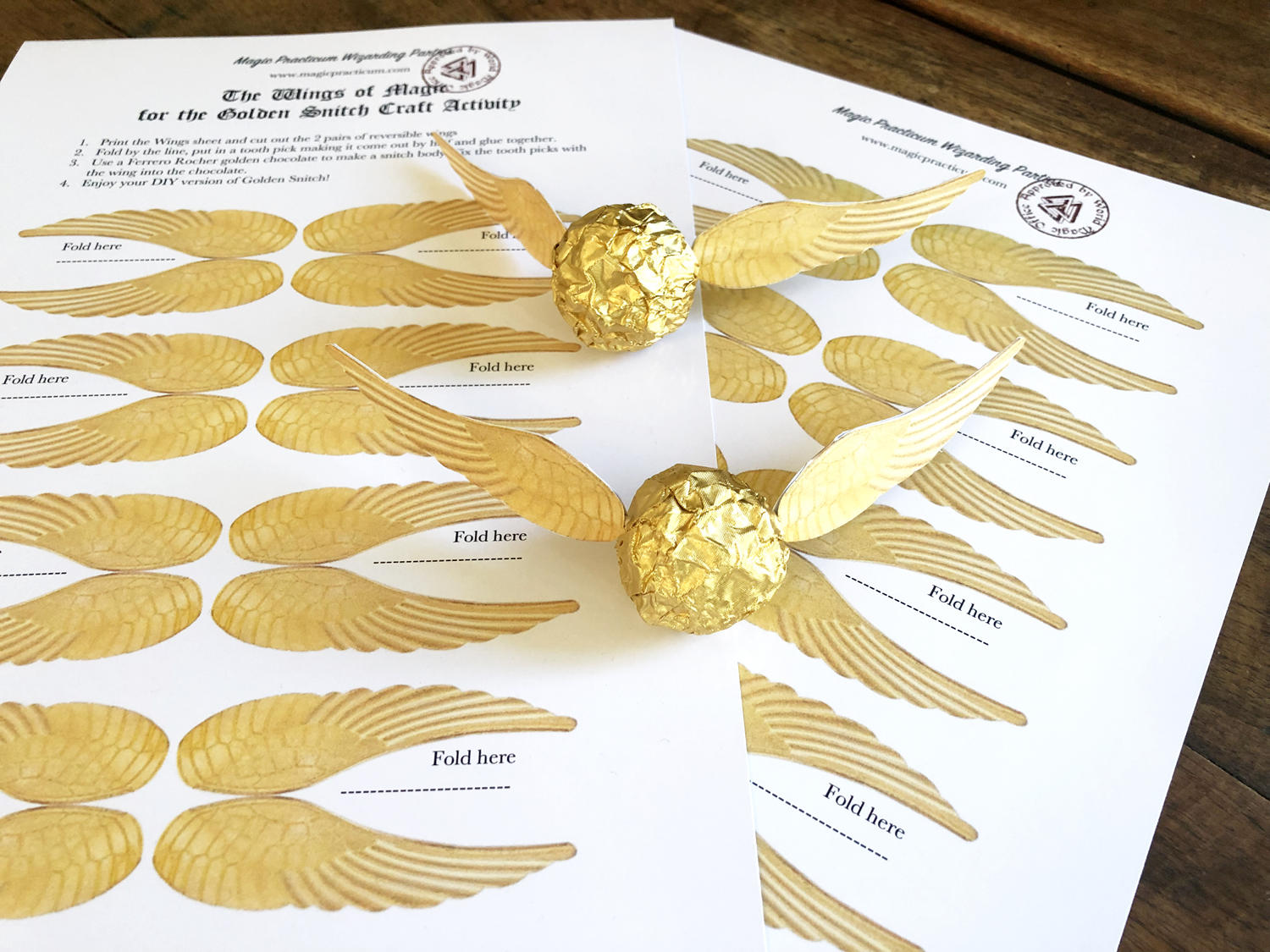 Printable Golden Snitch Wings with Ferrero Rocher from magicpracticum.com