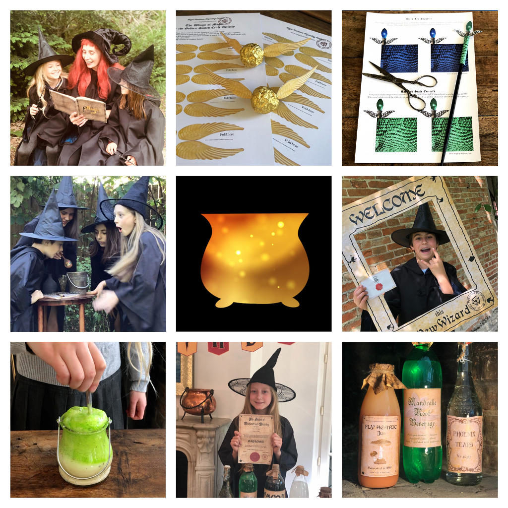 Activities for Harry Potter party - 9 magical activities - magic potion, golden snitch, magic wand, magic practicum logo